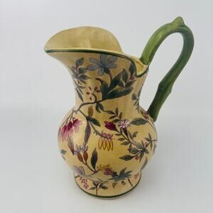 Vintage Botanical Design Tan and Green 36 oz Pitcher Vase 9” x 5”